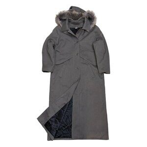 VINTAGE WOOL & GENUINE FUR Trilogi Long Gray Trench Business Coat Womens 10